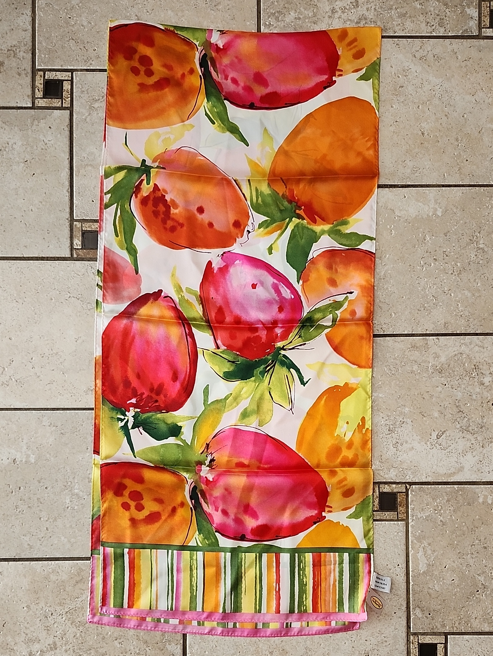 Talbots Fruit Design Multicolor Silk Scarf With Pink Green And Yellow Stripes